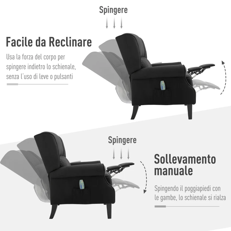 Homcom Fotoliu Masaj in Catifea, Negru, 78x83x101cm