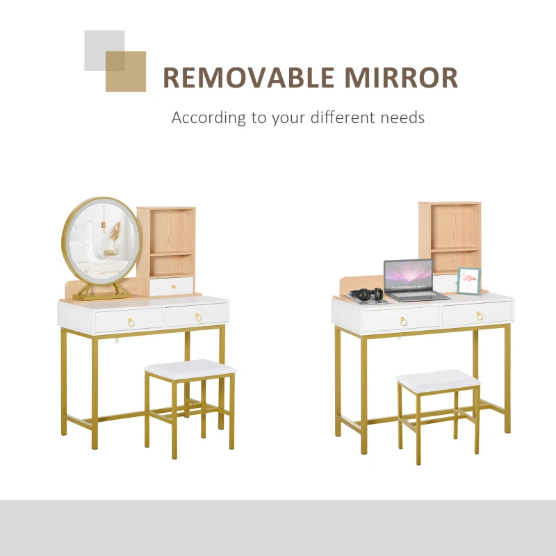 HOMCOM Masa de Machiaj cu Taburet Oglinda cu Lumini LED Raft si Sertare