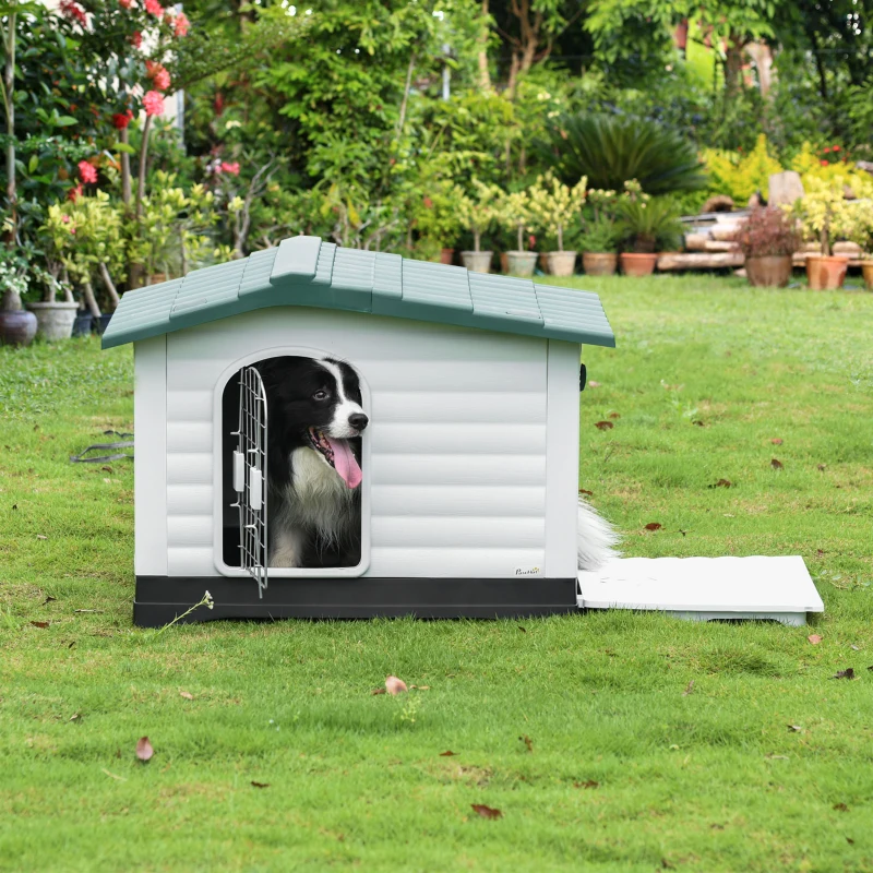 PawHut Casuta pentru caini in Plastic cu Usa si Fereastra 91x69x66cm Verde/Negru/Alb