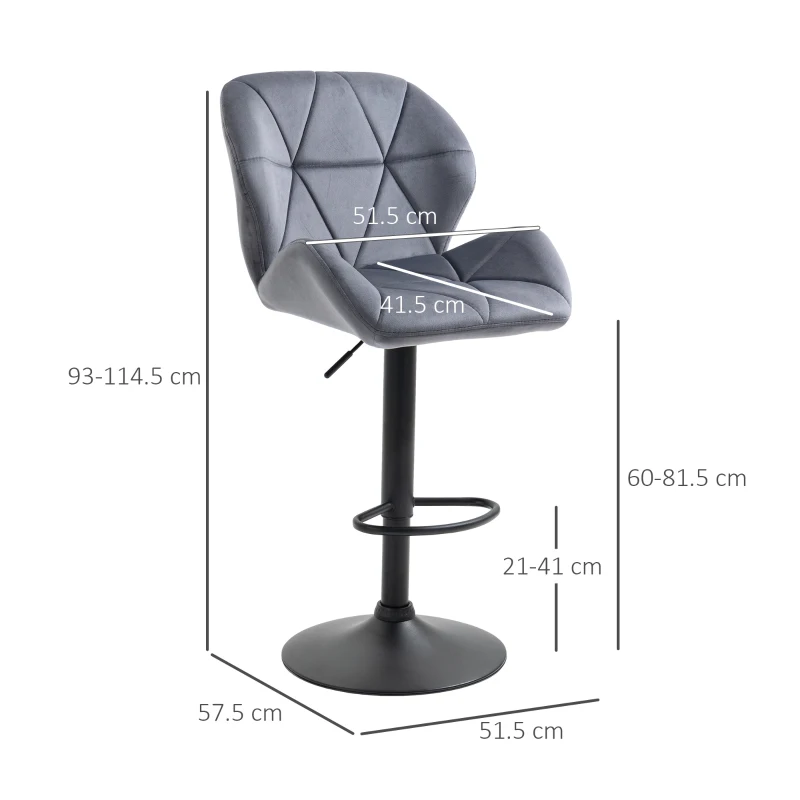 HOMCOM Set de 2 Scaune de Bar cu Înălțime Reglabilă, Bază Metalică și Șezut din Catifea, 51.5x57.5x93-114.5 cm, Gri