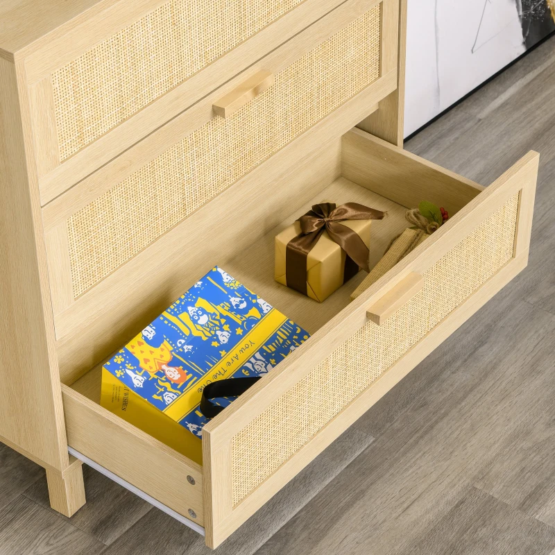 HOMCOM Casetiera cu 3 din lemn si ratan pentru camera de zi si dormitor, 80x40x80cm Culoare Lemn Natural