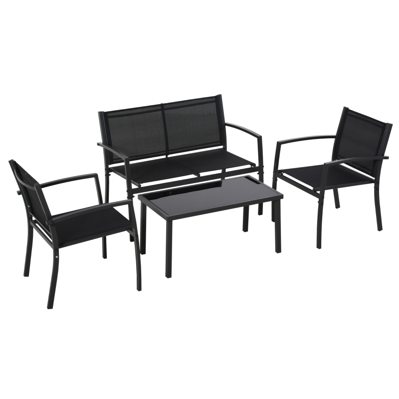 Outsunny Set de Gradina 4 bucati cu Masuta de cafea, 2 Scaune si o Panca in Metal, Negru