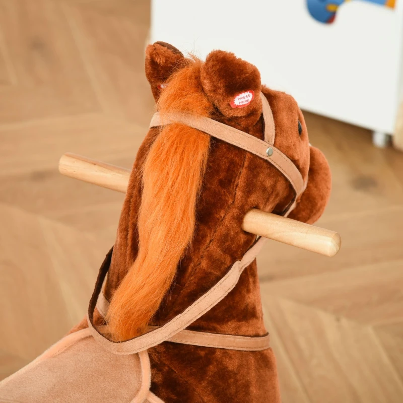 HOMCOM Căluț Balansoar din Lemn pentru Copii 3-6 Ani cu Sunet de Animal și Șa, 74x28x65 cm, Maro