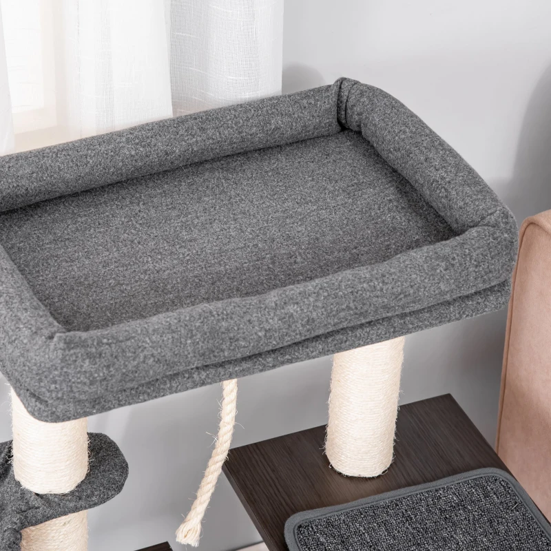 PawHut Stalp de Zgariat pentru Pisici cu Patut, Hamac, Casuta si Stalpi de Sisal, 60x40x83cm, Gri