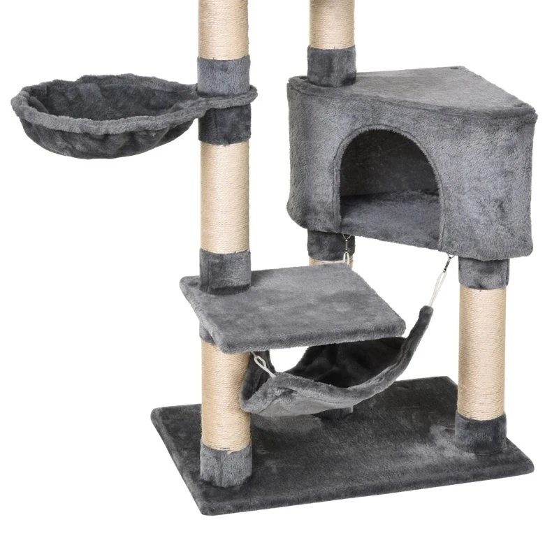 PawHut Ansamblu pentru Pisici cu Cusca Hamac Patucuri Suspendate si Stalpi din Franghie Sisal Gri 60x40x154cm