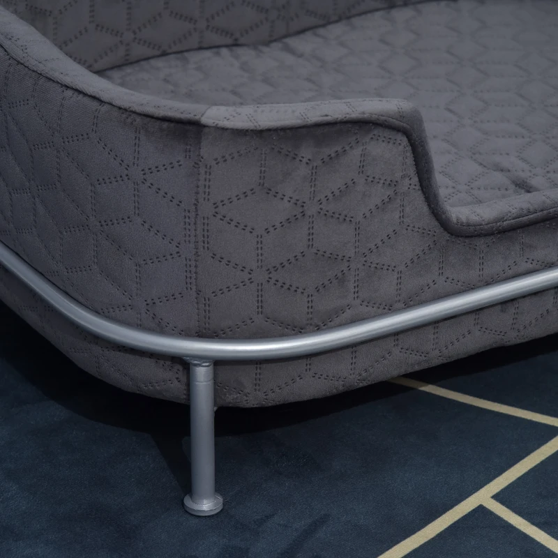 PawHut Canapea pentru câini și pisici, din catifea, cu bază metalică, 63.5x43x24.5cm – gri închis