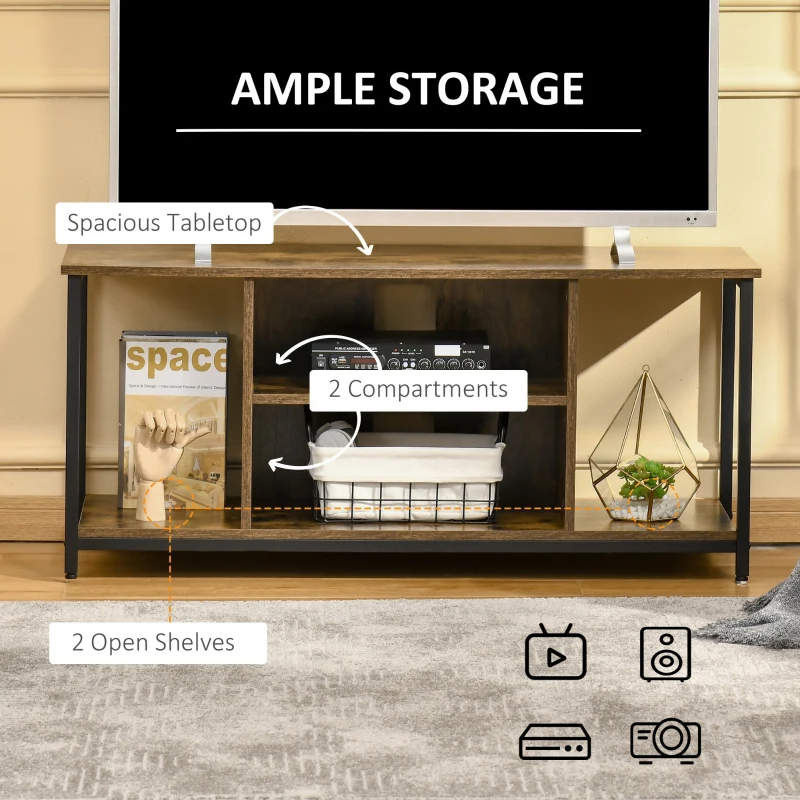 HOMCOM Dulap TV pana la 55'' cu Rafturi Deschise Scund pentru Living in Stil Industrial - Maro Rustic
