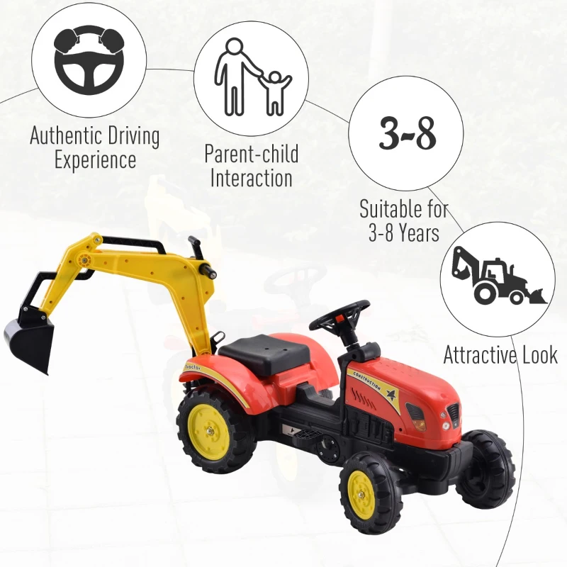 HOMCOM Tractorcu pedale si Excavator control manual pentru copii 3-6 ani rosu