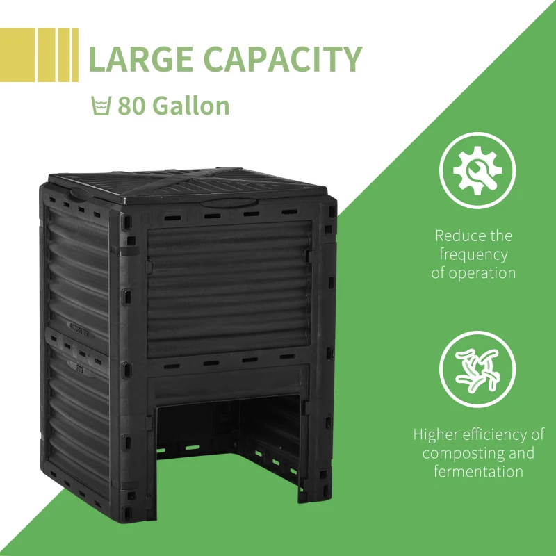 Outsunny Compostor de Gradina 300L din Plastic, cu Capac Negru