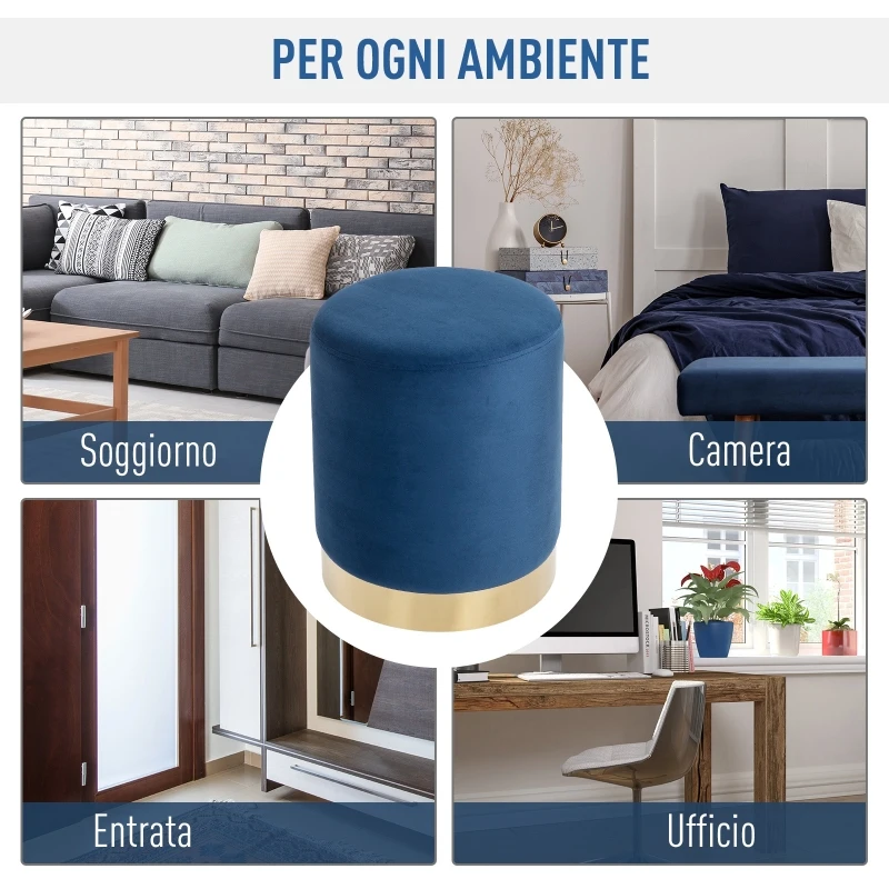 Homcom Pouf Taburet de Design Rotund din Catifea Albastra cu Fundal Auriu Ф36x42cm
