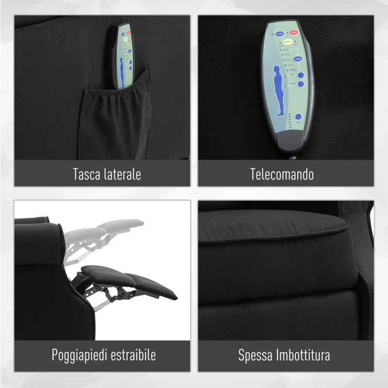 Homcom Fotoliu Masaj in Catifea, Negru, 78x83x101cm