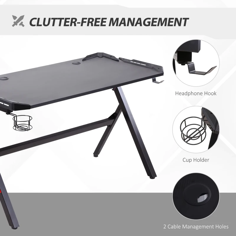 Masa de Birou Gaming cu Lumini LED, Suport pentru Pahare si Carlig pentru Casti, 120x60x73cm - Negru