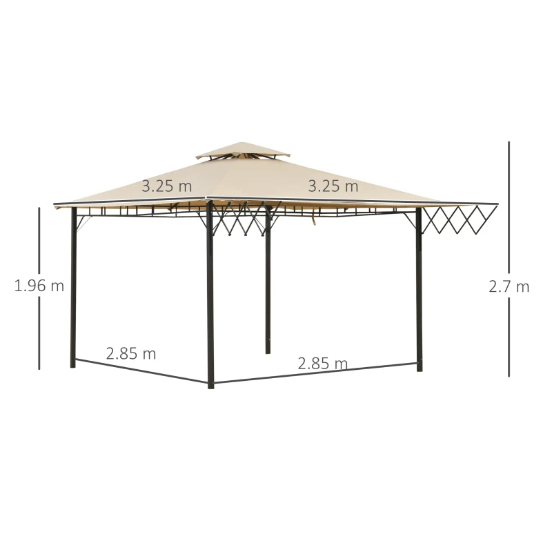 Outsunny Pergolă Metalică pentru Exterior sau Grădină, Foișor cu Acoperiș Dublu și Pânză Extensibilă, 3.3x3.3 m, Maro Deschis