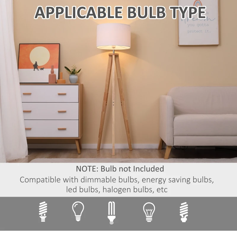 HOMCOM Lampă de podea cu trepied din lemn și abajur din material textil, E27, 45x45x147cm - alb/lemn