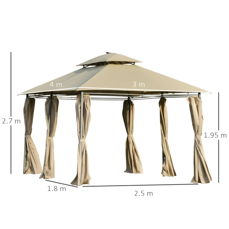 Outsunny Foisor de Gradina 3x4m din oțel cu Panouri Solare Lumini tip LED Kaki