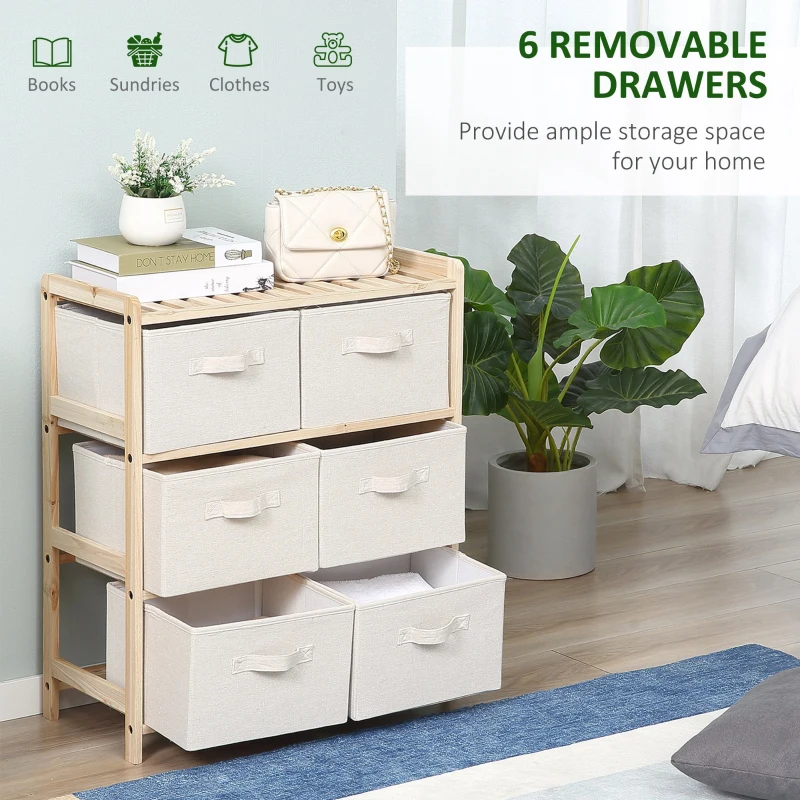 HOMCOM Comoda cu 6 Sertare Pliabile si Detasabile din Material Textil, 59x28x70cm - Lemn / Bej