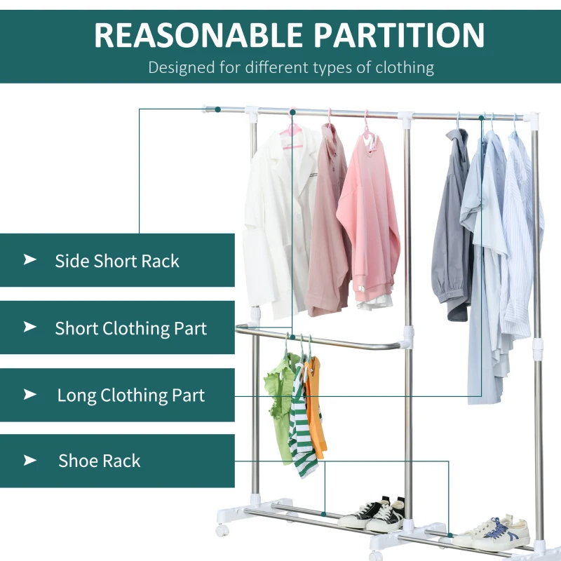 HOMCOM Suport pentru imbracaminte şi pentru Rufe Extensibil cu 3 nivele şi roti din Otel