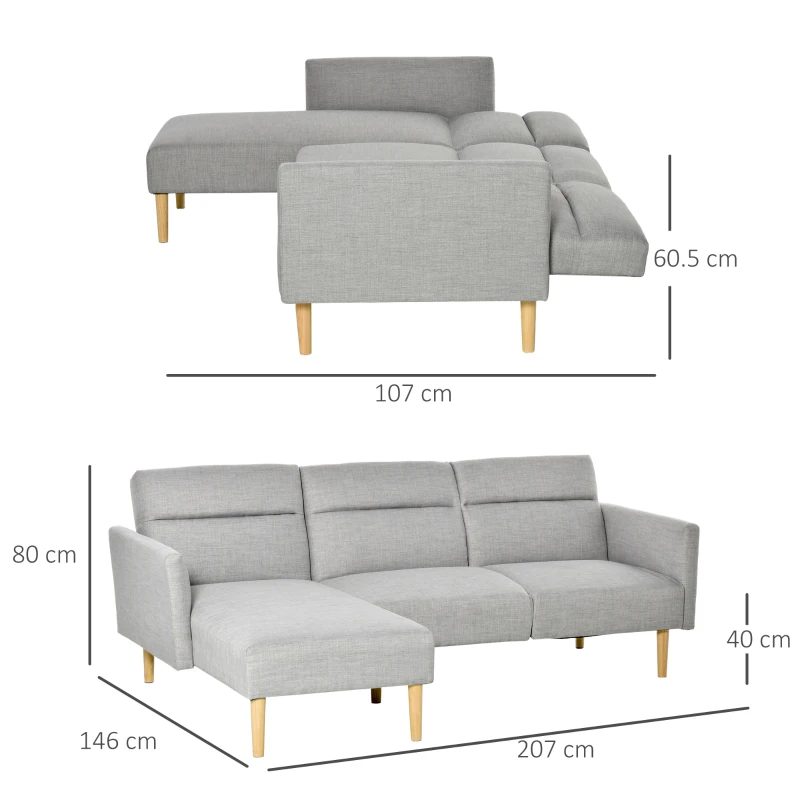 HOMCOM Canapea Extensibila pe Colt cu 3 Locuri din Tesatura Gri Reglabila Stil Scandinav(m-3)