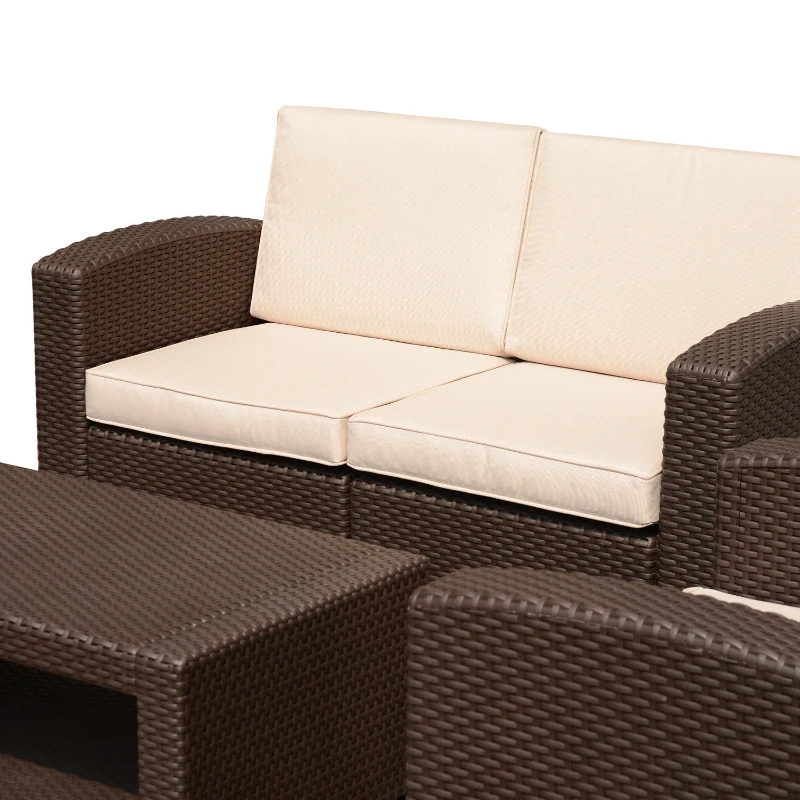 Outsunny Canapea in 2 Locuri in PE Rattan cu Perna, Maro, 141x71x75cm