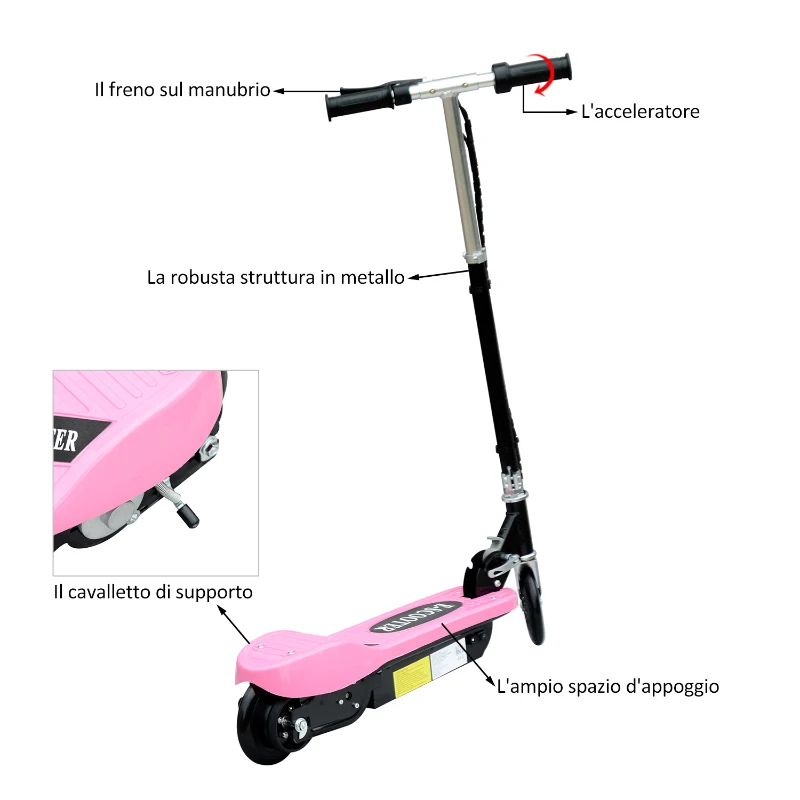 HomCom Monopattino Scooter Elettrico per Bambini 120W Pieghevole Struttura in Metallo, Rosa