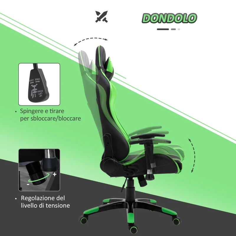 HOMCOM Fotoliu de Birou Gaming Rotativ Reclinabil in Piele Sintetica, Negru si Verde