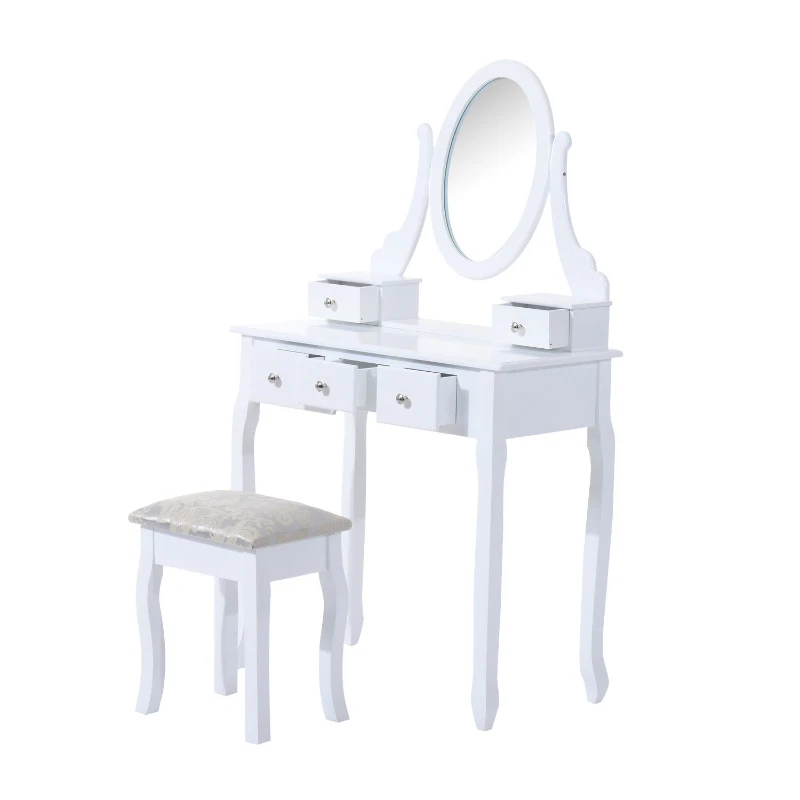 HomCom Tavolo da Trucco Mobile da Toletta Specchiera con Sgabello Specchio Girevole in Legno Bianco