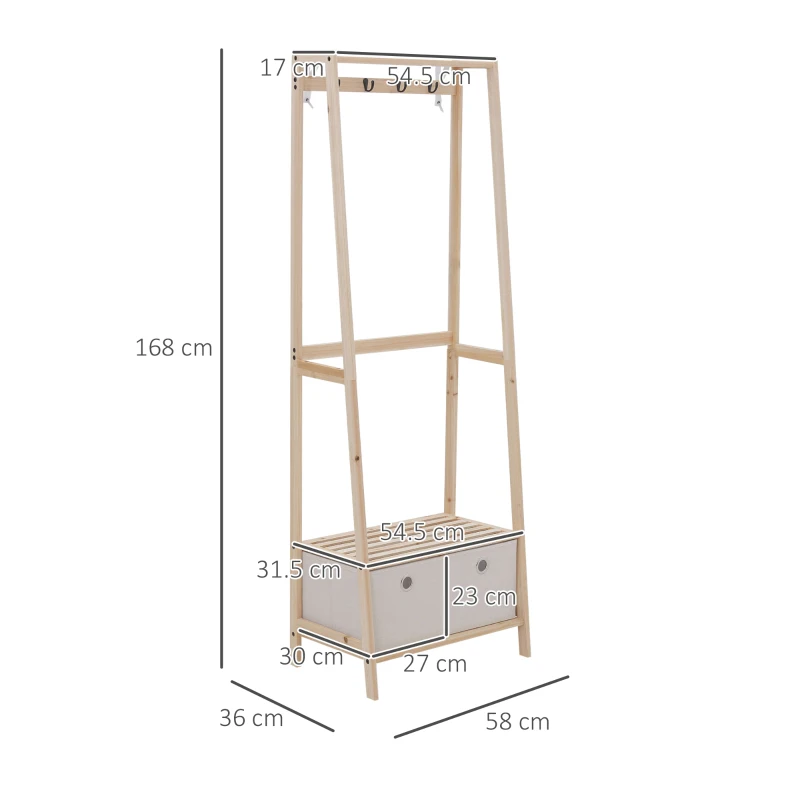 HOMCOM cuier cu raft, 58x36x168cm lemn natur