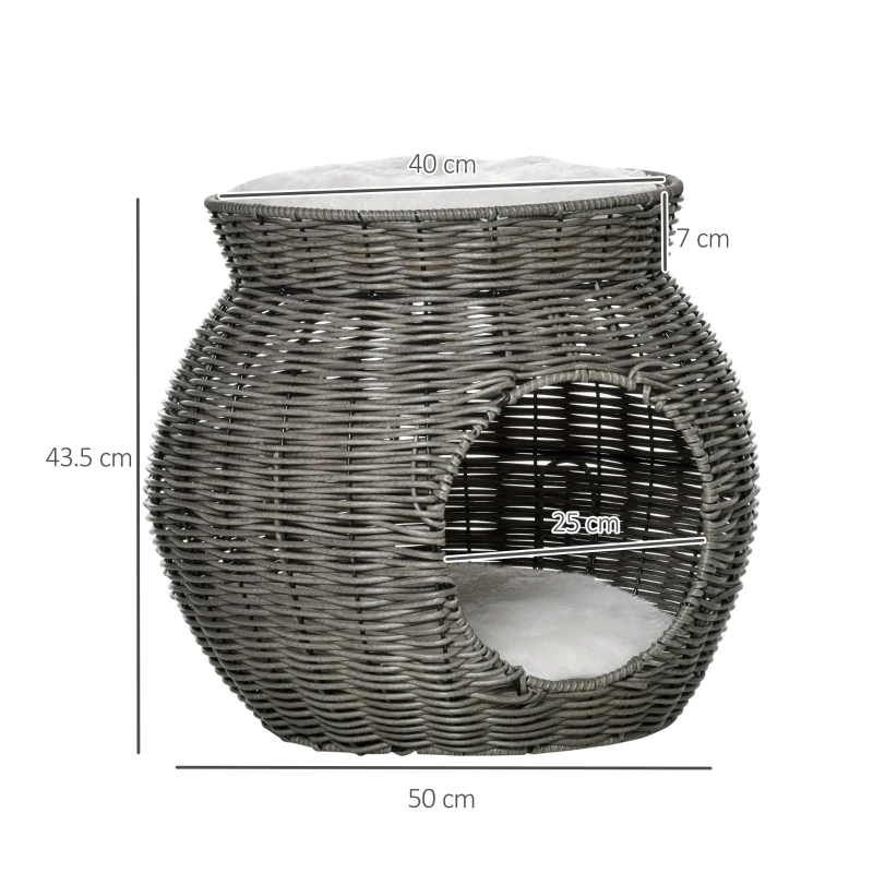 PawHut Cos pentru Pisici din rattan PE cu 2 Niveluri cu Perne de Plus Lavabile, Φ50x43.5cm - Gri Inchis