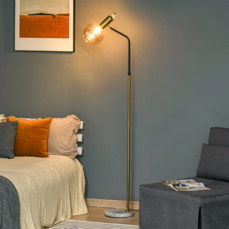 HOMCOM Lampa de Podea Moderna din Metal, Lampa de Design cu Abajur din Sticla pentru Becuri - Negru si Auriu