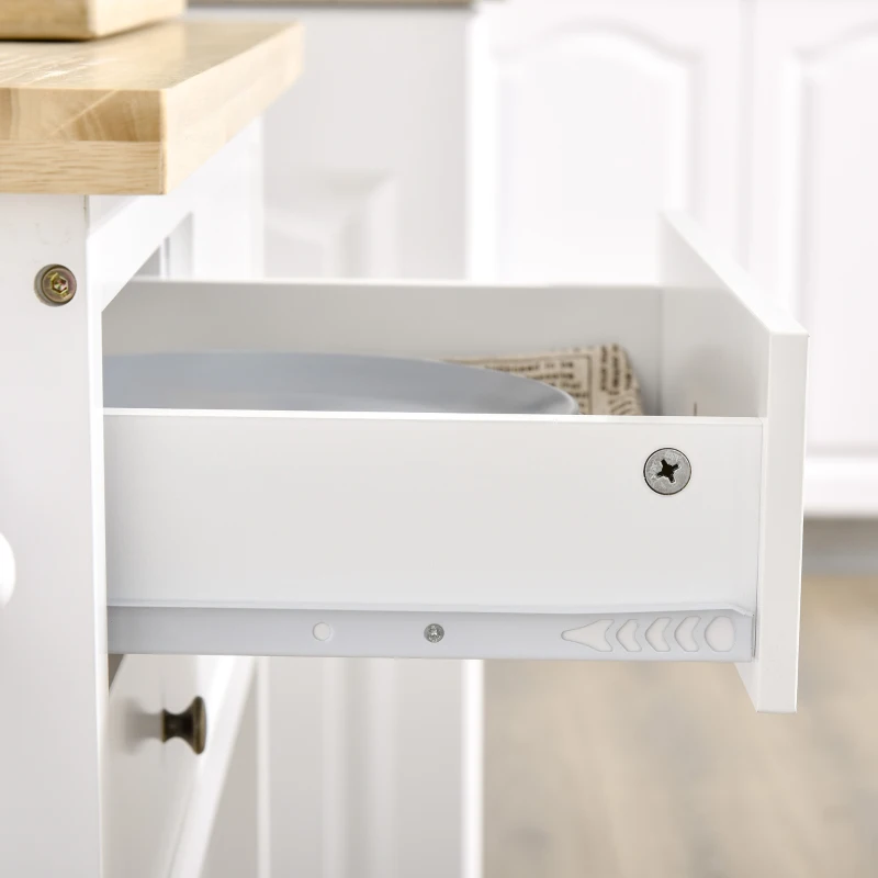 HOMCOM Carucior de bucatarie din lemn, de dimensiuni reduse 4 roti 2 sertare blat alb