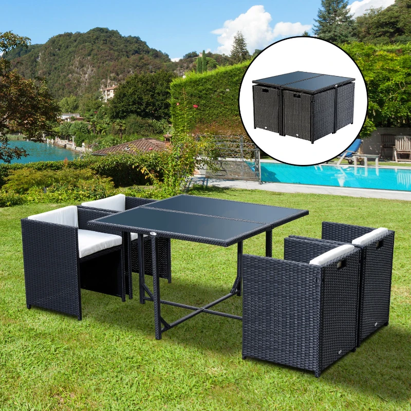 Outsunny Set Mobilier de Grădină cu Masă de Prânz, 4 Scaune și Perne, 109x109x72 cm, Negru