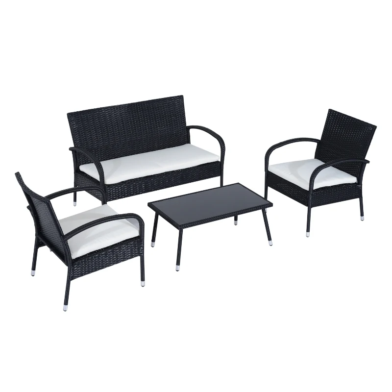 Outsunny Set de mobilier de grădină Outsunny din Rattan PE cu canapea, 2 fotolii cu perne și măsuță de cafea, negru