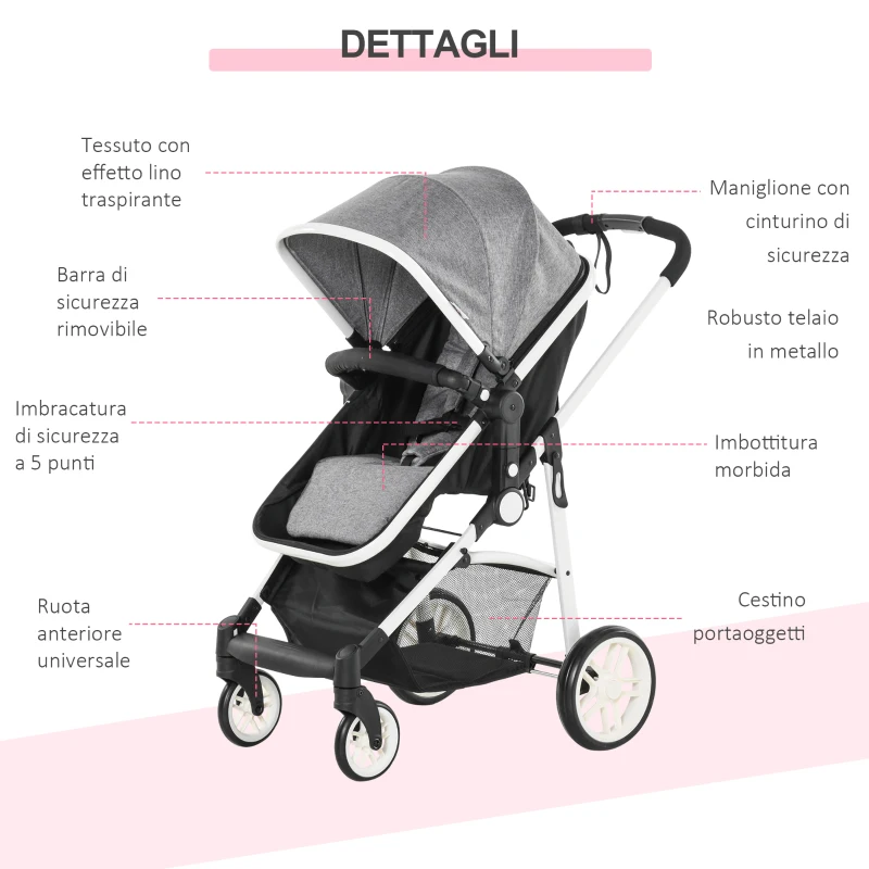 HOMCOM Carucior Dublu Ajustabil si Pliabil , Copii 0-36 luni, 15kg, 80x51x102cm Gri