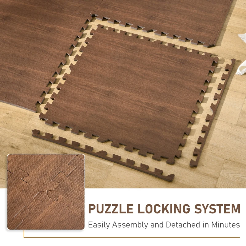 HOMCOM Covor Puzzle Antiderapant Efect Lemn 9 Piese Suprafata acoperita 3,24m²