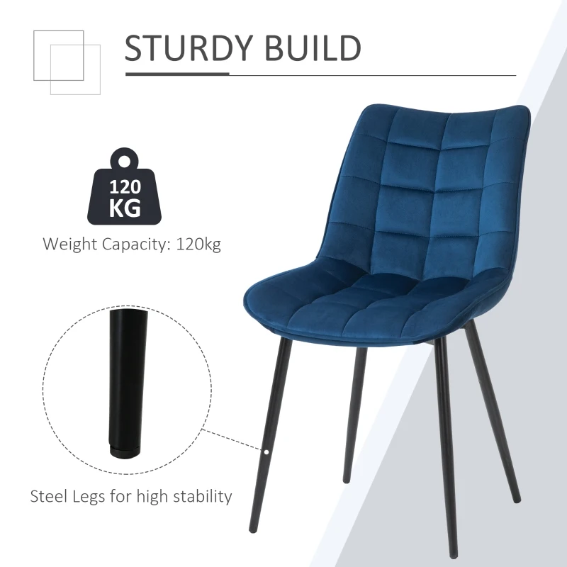 HOMCOM Set 2 Scaune Moderne Captusite pentru Sufragerie Stil Nordic Catifea Albastru