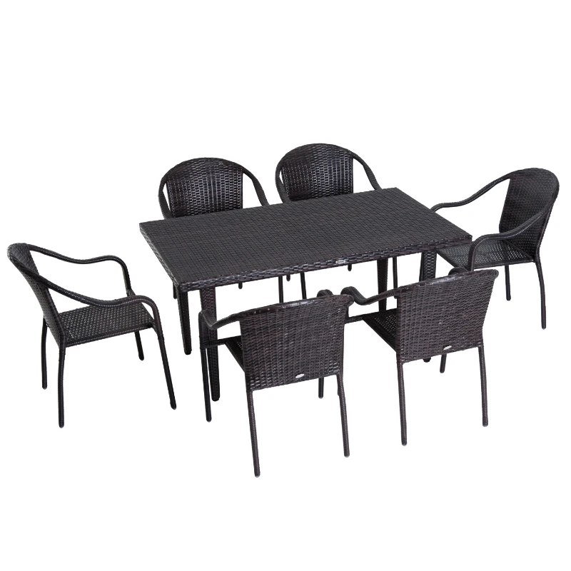 Outsunny Set Masa de Pranz si 6 Scaune Impletite cu Rattan Gradina Externa Maro