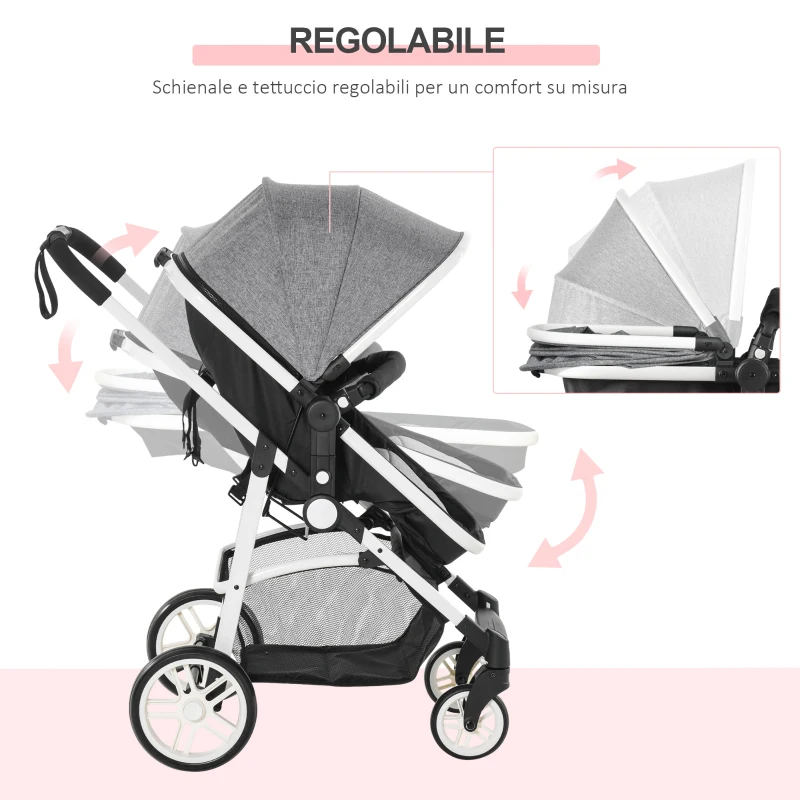 HOMCOM Carucior Dublu Ajustabil si Pliabil , Copii 0-36 luni, 15kg, 80x51x102cm Gri