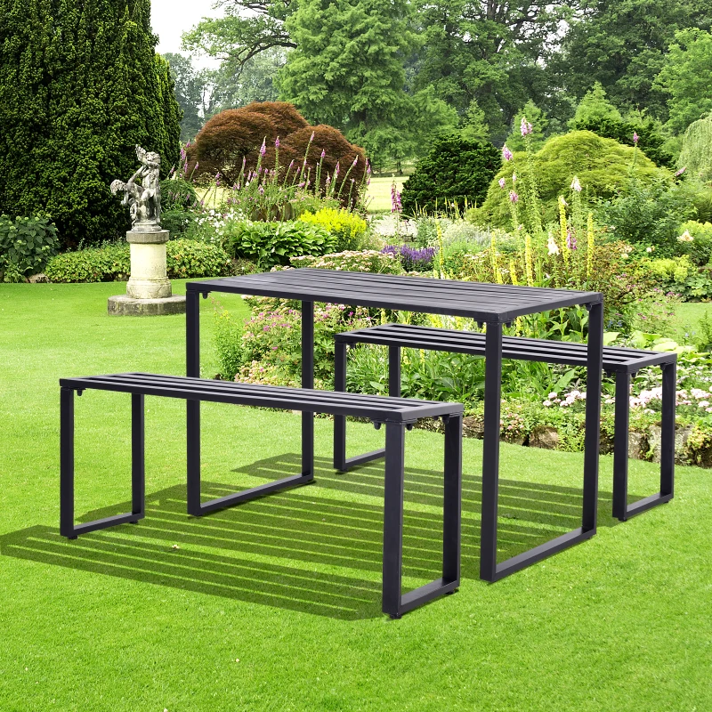 Outsunny Set da Picnic Tavolo con Panche in Metallo Nero  110 x 55 x 70 cm