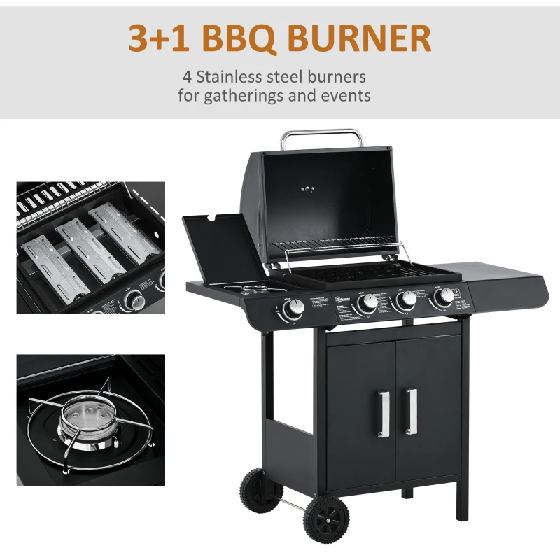 Outsunny Gratar cu Gaz cu Capac si Termometru, Arzator Lateral si 2 Roti