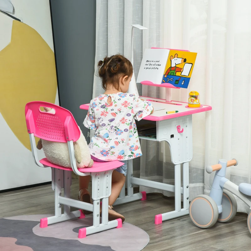 Homcom Set Birou Copii 6–12 Ani – Reglabil cu Lampa Roz