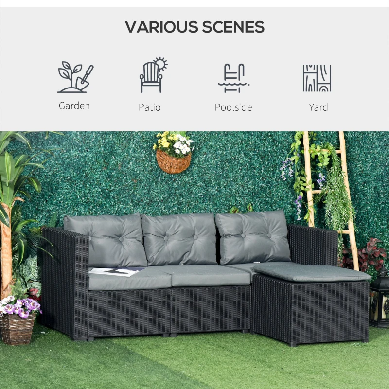 Outsunny Set Mobilier de Gradina Canapea cu 3 Locuri din Ratan PE si Suport pentru Picioare / Masuta