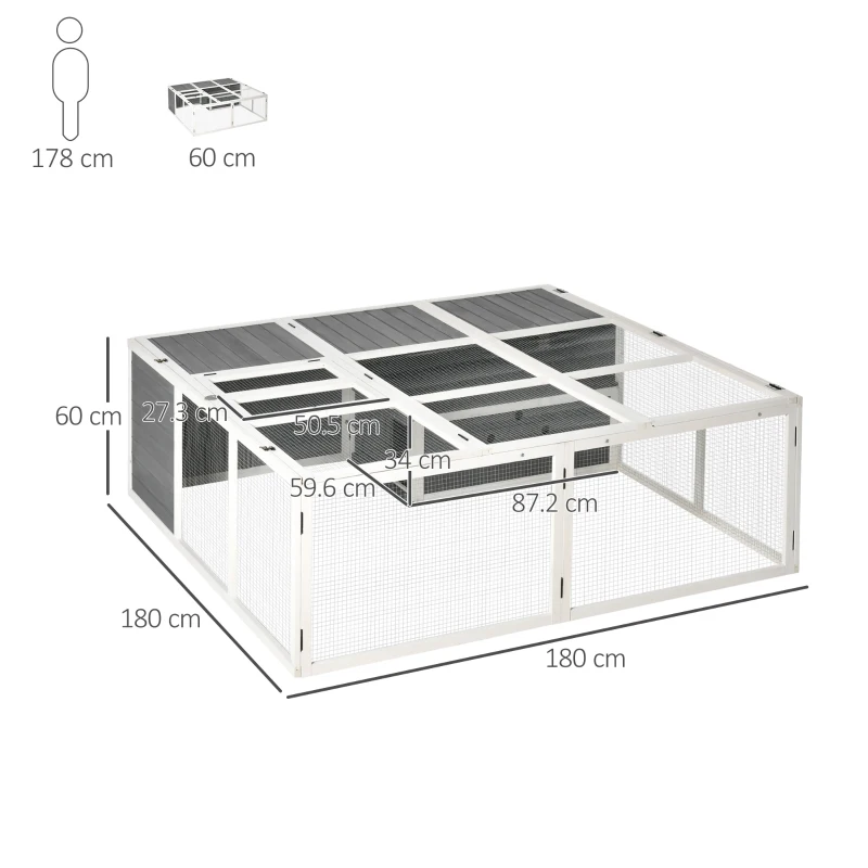 PawHut Cusca pentru iepuri de Exterior Cusca pentru 2-4 iepuri, din Lemn Gri 180x180x60cm