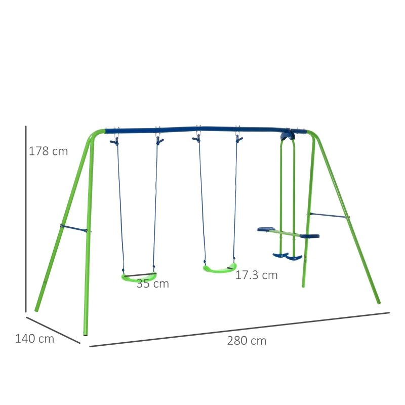 Outsunny Set Leagăn de Grădină cu Leagăn Dublu și 2 Leagăne Simple, 280x140x178 cm, Verde(m-3)