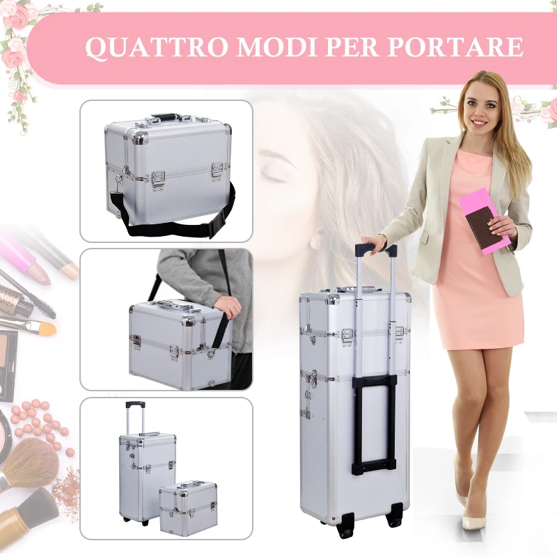 HOMCOM trolley make-up beauty case 35,5x23x86cm, argintiu