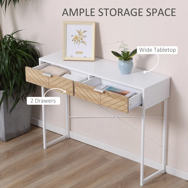 Consola Moderna HOMCOM pentru Hol si Sufragerie cu 2 Sertare Metalice 100x 30x75cm - Alb