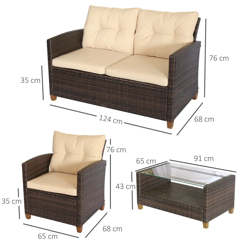 Outsunny Set Mobilier de Gradina 4 Piese din Ratan PE Masuta Canapea si Fotolii, maro si bej