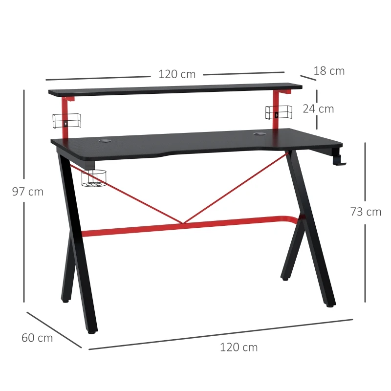HOMCOM Birou Gaming cu raft monitor si accesorii negru si rosu 120x60x97cm