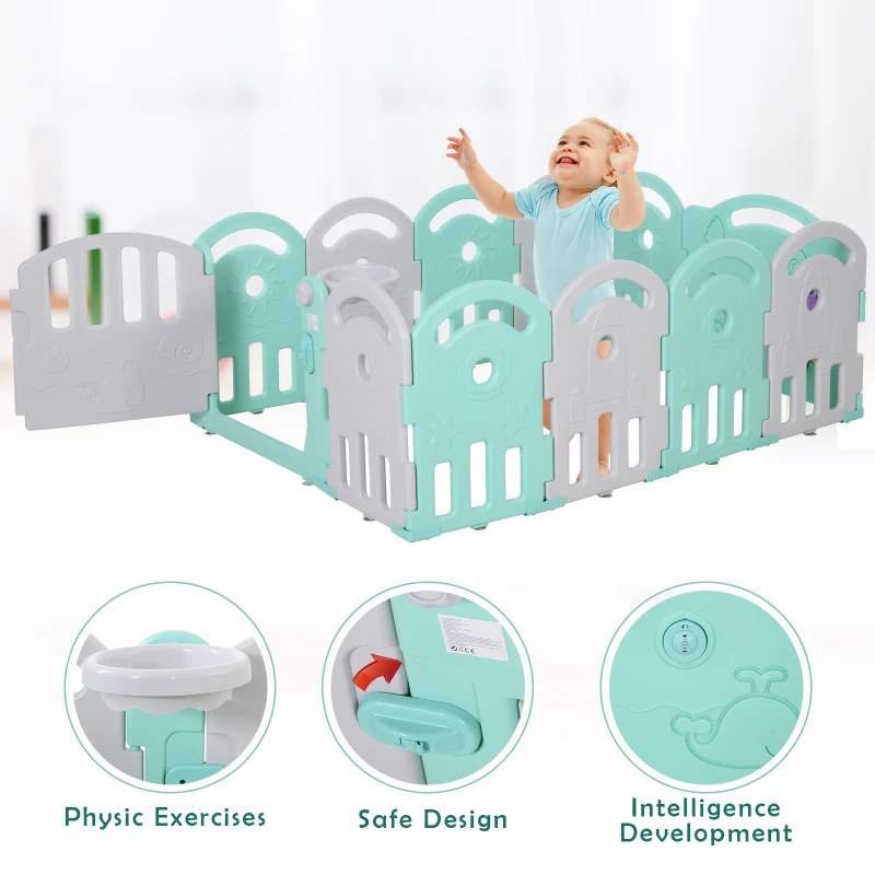 Homcom Gard pentru Copii 6-36 Luni Sigur Colorat Amuzant cu Usa Albastra si Gri 162 x 122 x 63cm