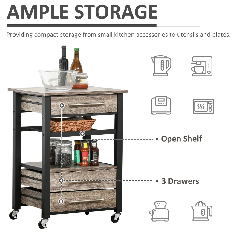 HOMCOM Carucior de bucatarie cu 3 sertare si raft din lemn 60x50x84.5cm