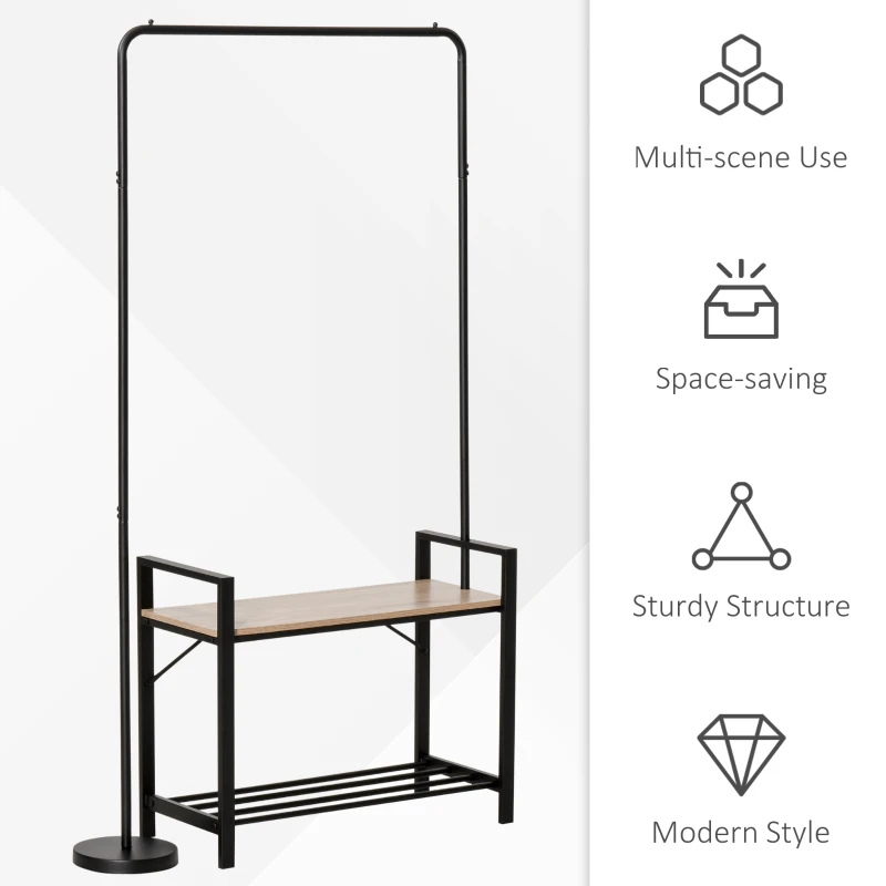 HOMCOM Suport de haine de Perete Bancuta Suport de Pantofi Stalp Pivotant la 360° din Metal Lemn